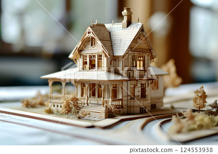 wooden model of a residential building on a table with drawings. construction and architecture wooden model of a residential building on a table with drawings. construction and architecture 124553938