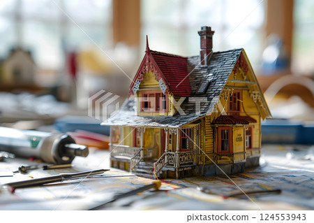 wooden model of a residential building on a table with drawings. construction and architecture 124553943