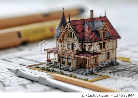 wooden model of a residential building on a table with drawings. construction and architecture wooden model of a residential building on a table with drawings. construction and architecture 124553944