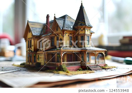 wooden model of a residential building on a table with drawings. construction and architecture wooden model of a residential building on a table with drawings. construction and architecture 124553948