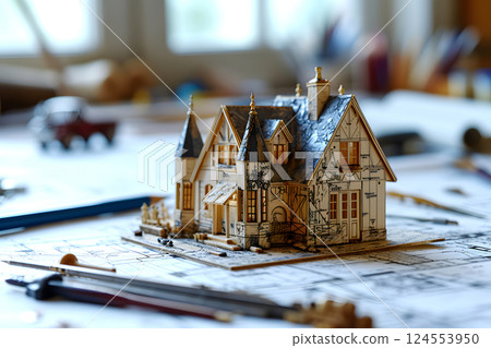 wooden model of a residential building on a table with drawings. construction and architecture wooden model of a residential building on a table with drawings. construction and architecture 124553950