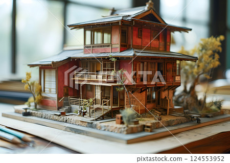 wooden model of a residential building on a table with drawings. construction and architecture wooden model of a residential building on a table with drawings. construction and architecture 124553952
