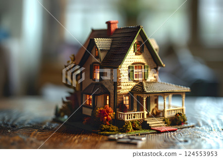 wooden model of a house on a table with drawings. construction and architecture wooden model of a house on a table with drawings. construction and architecture 124553953