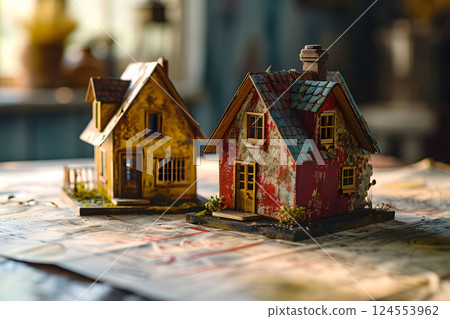 wooden model of a house on a table with drawings. construction and architecture 124553962