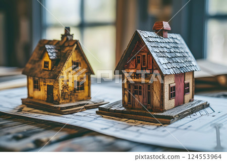 wooden model of a house on a table with drawings. construction and architecture 124553964