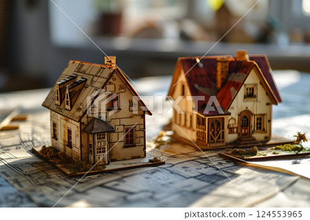 wooden model of a house on a table with drawings. construction and architecture wooden model of a house on a table with drawings. construction and architecture 124553965