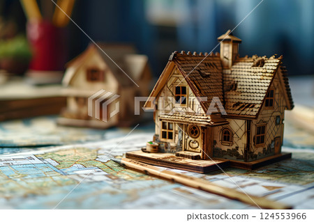 wooden model of a house on a table with drawings. construction and architecture 124553966