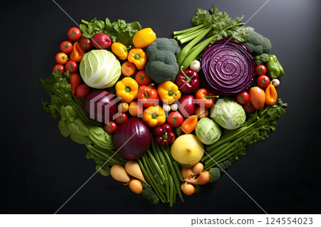 Heart shape made of fresh vegetables on dark background. Healthy food concept. top view Heart shape made of fresh vegetables on dark background. Healthy food concept. top view 124554023