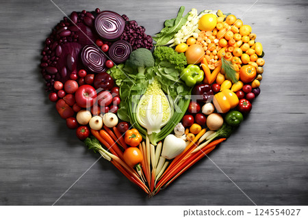 Heart shape made of fresh vegetables. Healthy food concept. top view. Heart shape made of fresh vegetables. Healthy food concept. top view. 124554027