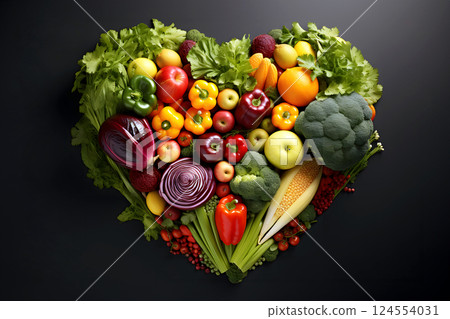 Heart shape made of fresh vegetables on dark background. Healthy food concept. top view Heart shape made of fresh vegetables on dark background. Healthy food concept. top view 124554031