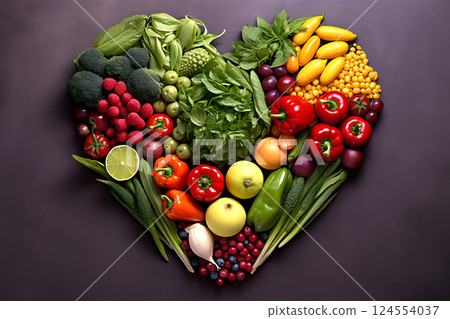 Heart shape made of fresh vegetables on dark background. Healthy food concept. top view Heart shape made of fresh vegetables on dark background. Healthy food concept. top view 124554037