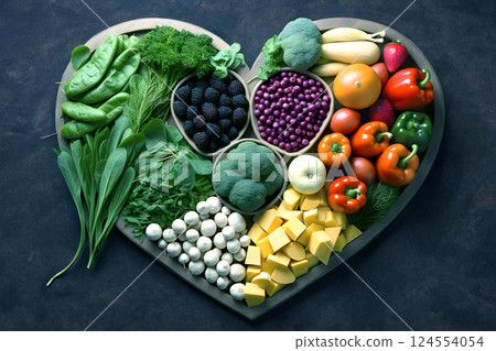 Heart shape made of fresh vegetables on dark background. Healthy food concept. top view 124554054