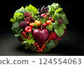 Heart shape made of fresh vegetables on dark background. Healthy food concept. top view 124554063