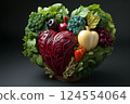 Heart shape made of fresh vegetables on dark background. Healthy food concept. top view 124554064