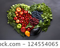 Heart shape made of fresh vegetables on dark background. Healthy food concept. top view 124554065