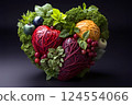 Heart shape made of fresh vegetables on dark background. Healthy food concept. top view 124554066