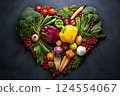 Heart shape made of fresh vegetables on dark background. Healthy food concept. top view 124554067