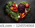 Heart shape made of fresh vegetables on dark background. Healthy food concept. top view 124554068