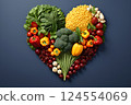 Heart shape made of fresh vegetables on dark background. Healthy food concept. top view 124554069