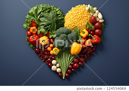 Heart shape made of fresh vegetables on dark background. Healthy food concept. top view 124554069