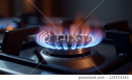 Close-up of a lit gas stove burner with blue flame, in a kitchen. Focus on the burner with blurred background. Concept of cooking, energy 124554161