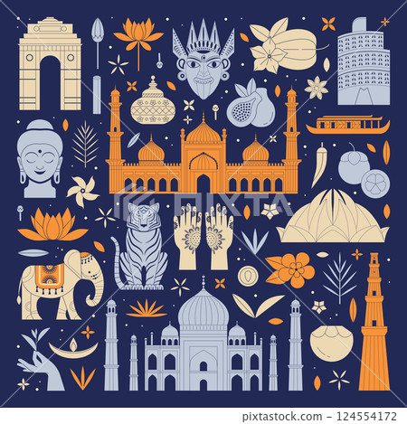 Night India Travel Poster with Indian Symbols 124554172