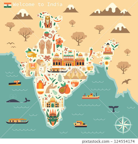 India Travel Map Poster with Landmark Icons 124554174