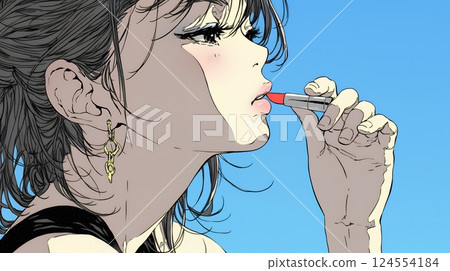 一位年輕女子正在化妝（口紅） 124554184