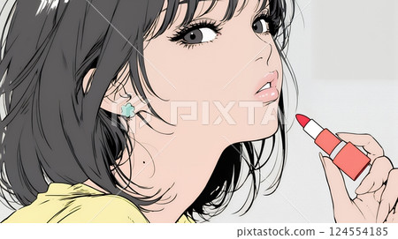 一位年輕女子正在化妝(口紅) 一位年輕女子正在化妝(口紅) 124554185