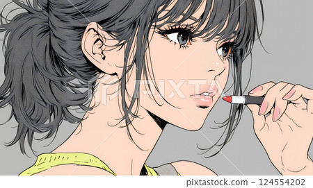 一位年輕女子正在化妝（口紅） 124554202