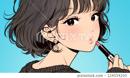 一位年輕女子正在化妝（口紅） 124554203