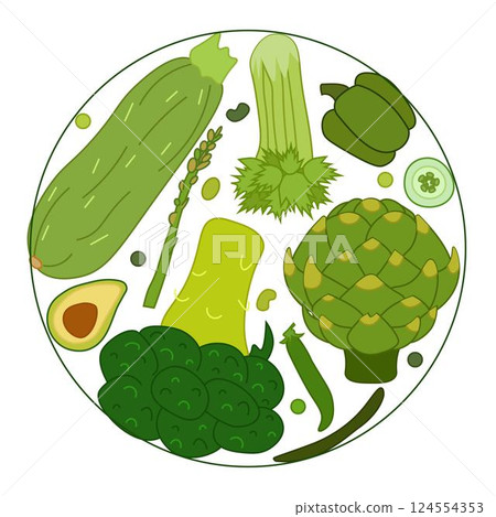 Farm fresh green vegetables, round shape composition form. Veggies vector colorful flat icons on isolated background. Circle card for banner, poster, menu, social media, web design 124554353
