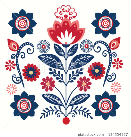 Floral ornament inspired by Scandinavian folk art Floral ornament inspired by Scandinavian folk art 124554357