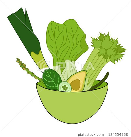 Bowl of salad green vegetables on a white background. Vector flat illustration, art for food design, recipe, cook book, packages, menu, food ads and decor Eat green Bowl of salad green vegetables on a white background. Vector flat illustration, art for food design, recipe, cook book, packages, menu, food ads and decor Eat green 124554368