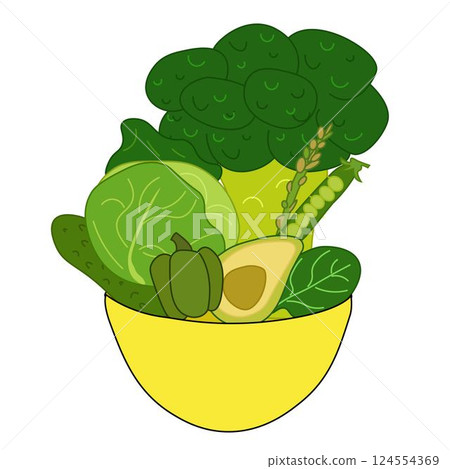 Green vegetables broccoli, cucumber, avocado in bowl Vector flat composition. Ideal for menu, package, cosmetic, textile, cards Eat green Green vegetables broccoli, cucumber, avocado in bowl Vector flat composition. Ideal for menu, package, cosmetic, textile, cards Eat green 124554369