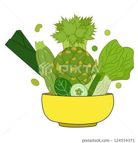 Green salad of fresh green vegetables in a transparent salad bowl object vector isolated on a white background. For logo, web, package, sticker.  Eat green 124554371