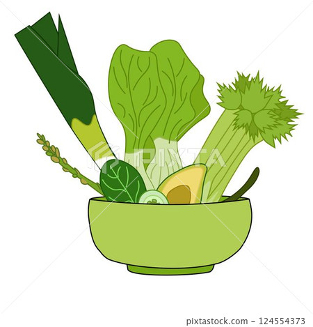 Salad bowl with bock choi, cucumber, zucchini, and other green vegetables. Vector flat composition for printed or web graphic, for infographics to illustrate healthy lifestyle or vegan, vegetarian Salad bowl with bock choi, cucumber, zucchini, and other green vegetables. Vector flat composition for printed or web graphic, for infographics to illustrate healthy lifestyle or vegan, vegetarian 124554373