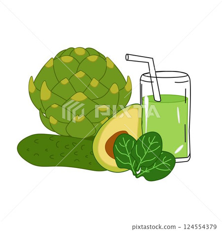 Farm fresh vegetables green smoothies recipe. Vector flat composition of asparagus, avocado, cucumber. Organic food, natural eco products. illustration for banner, poster, menu, social media, web desi 124554379