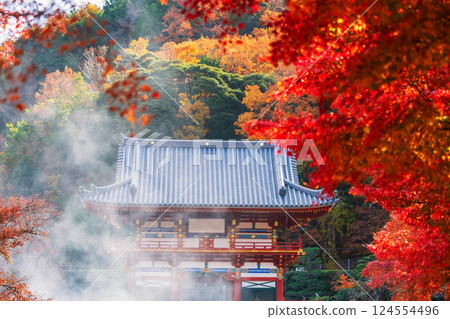 Red maple leaves with view of Katsuoji temple with steam, Minoh 124554496