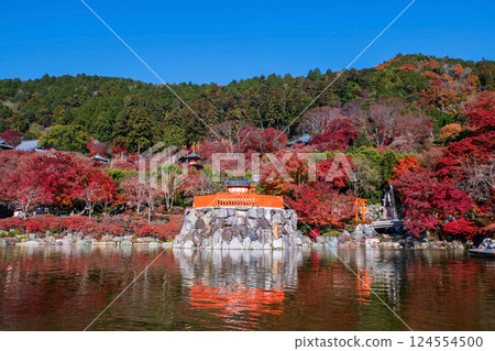Shrine by pond and pagoda of Katsuo-ji temple in autumn, Minoh 124554500