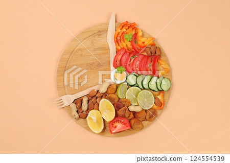Intermittent post. Healthy breakfast with ingredients, diet food concept, healthy organic products for weight loss and weight loss, menu for cafe or restaurant, kitchen background, selective focus 124554539