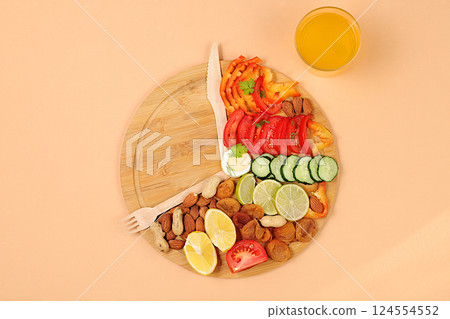 Healthy organic products for weight loss and weight reduction, intermittent fasting. Diet food and raw food concept, Healthy breakfast with ingredients, menu for cafe or restaurant, kitchen 124554552