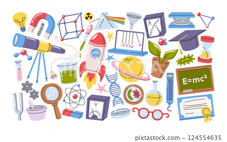 Science elementary school, college and university subject accessories hand drawn doodle item set 124554635
