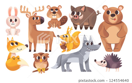 Cute woodland animals hand drawn childish wild characters doodle set isolated on white background Cute woodland animals hand drawn childish wild characters doodle set isolated on white background 124554640