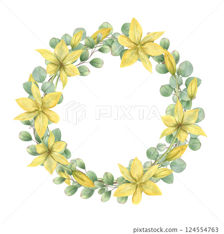 Spring yellow tulip flowers, green eucalyptus leaves watercolor wreath with empty space for text. Wild primroses floral illustration isolated background. Round frame for wedding, greeting card. 124554763