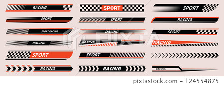 Sports racing stripes. Sports car, moto, boat stickers. Striped vehicle tuning bars flat set. 124554875