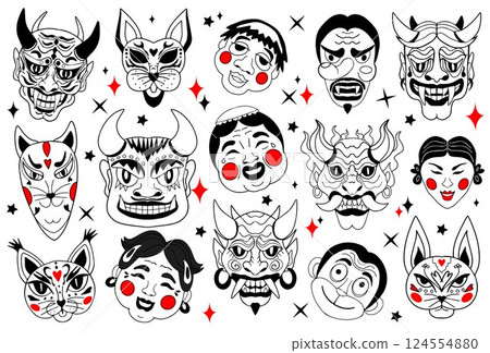 Japanese Mask Set Oni, Kitsune, Hannya, Daruma, Usagi. Traditional Folklore Faces in Tattoo Style Black and White Vector Illustration 124554880