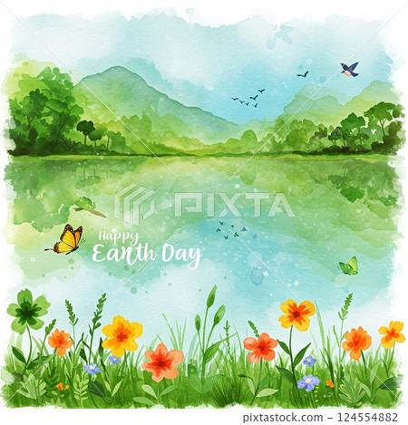Watercolor Earth Day Landscape with Lake and Flowers. Save Earth, Protect Earth, World Environment Day with Nature, Trees,Butterfly Watercolor Earth Day Landscape with Lake and Flowers. Save Earth, Protect Earth, World Environment Day with Nature, Trees,Butterfly 124554882