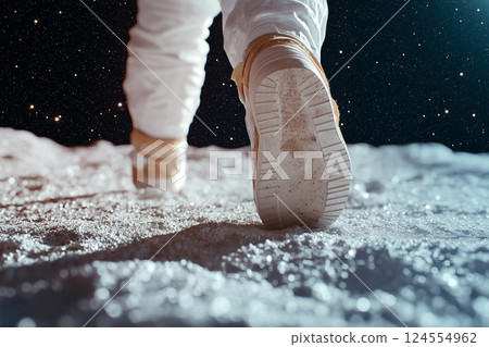 Astronaut stepping on the moon with Earth visible in the background. Close-up of an astronaut's boot impacting the moon's surface with Earth shining in the distance. 124554962