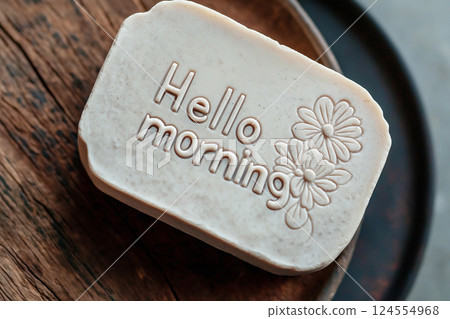 A handcrafted bar of soap embossed with "Hello Morning", evoking a sense of freshness and natural beauty, photographed with an artistic and rustic aesthetic. 124554968